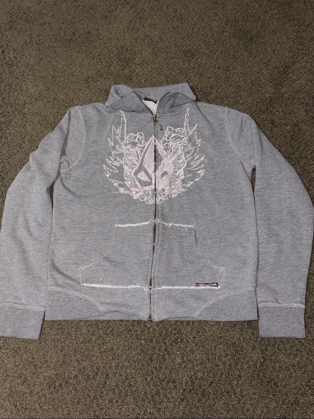 Volcom Gray Zip Hoodie with Winged Chest Graphic and Pink Detailing